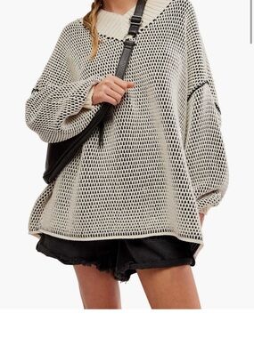 Free People Oversized Open-Weave Pullover in Cream and Black